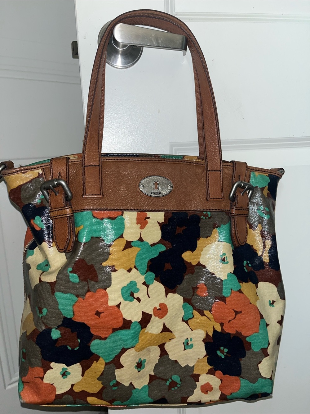 Fossil Brown Leather Trim Floral Tote with Multi-Color Print